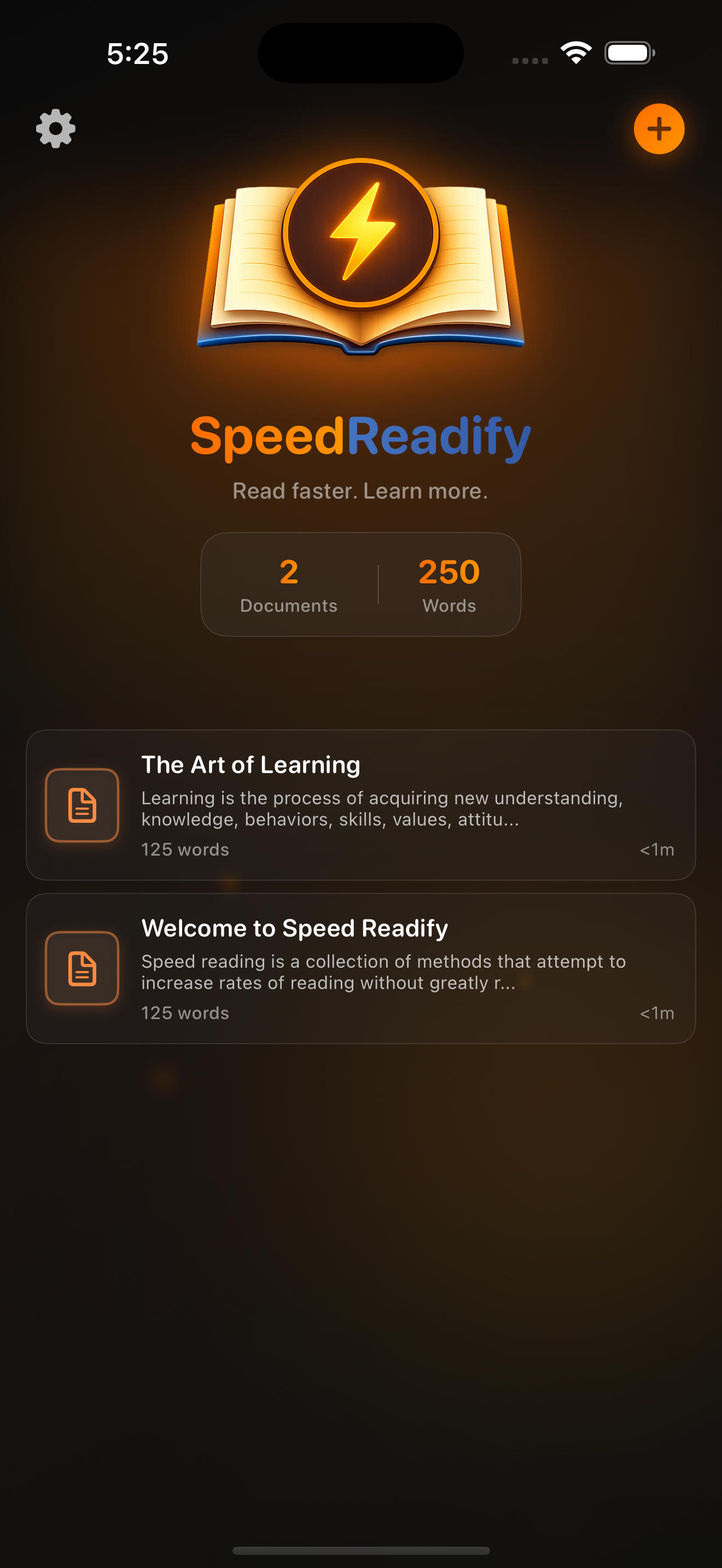 Speed Readify app showing document library with the art of learning and welcome documents